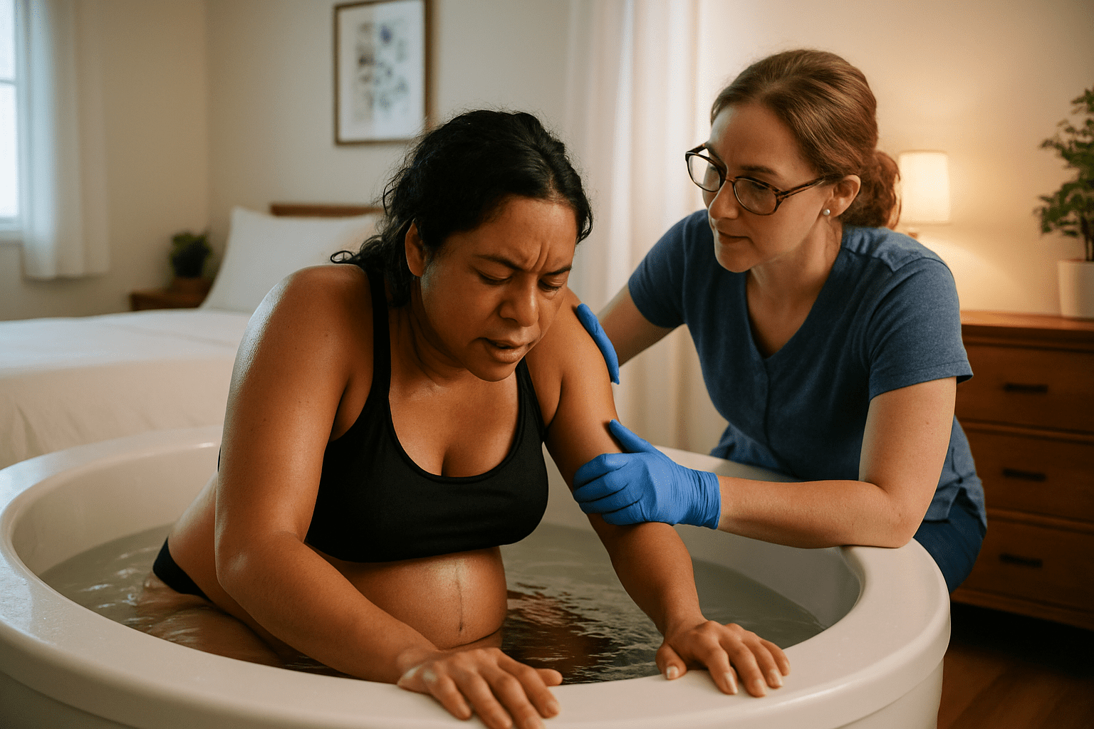 Caregiver assisting a person in a birthing tub in a home setting