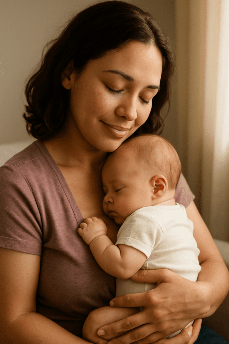 Mother gently cradling a sleeping baby by a sunlit window