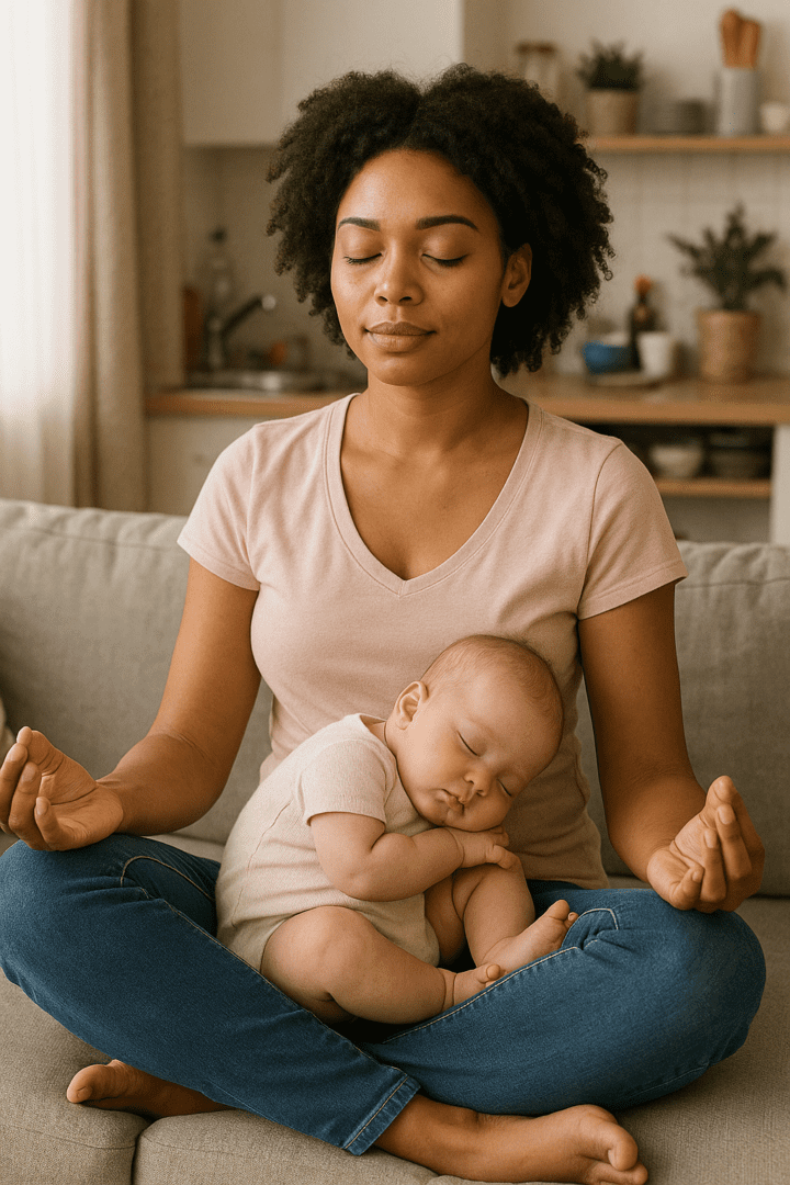 Person meditating on a couch while a sleeping baby rests in their lap, in a cozy living room.