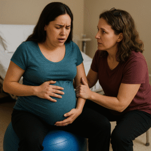 Pregnant woman seated on a birth ball, holding her belly while another woman supports her in a room