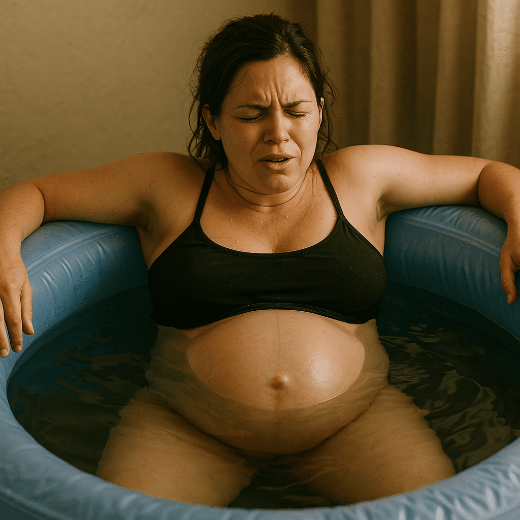 Woman relaxing in a blue inflatable tub, sitting in water with a pained expression.
