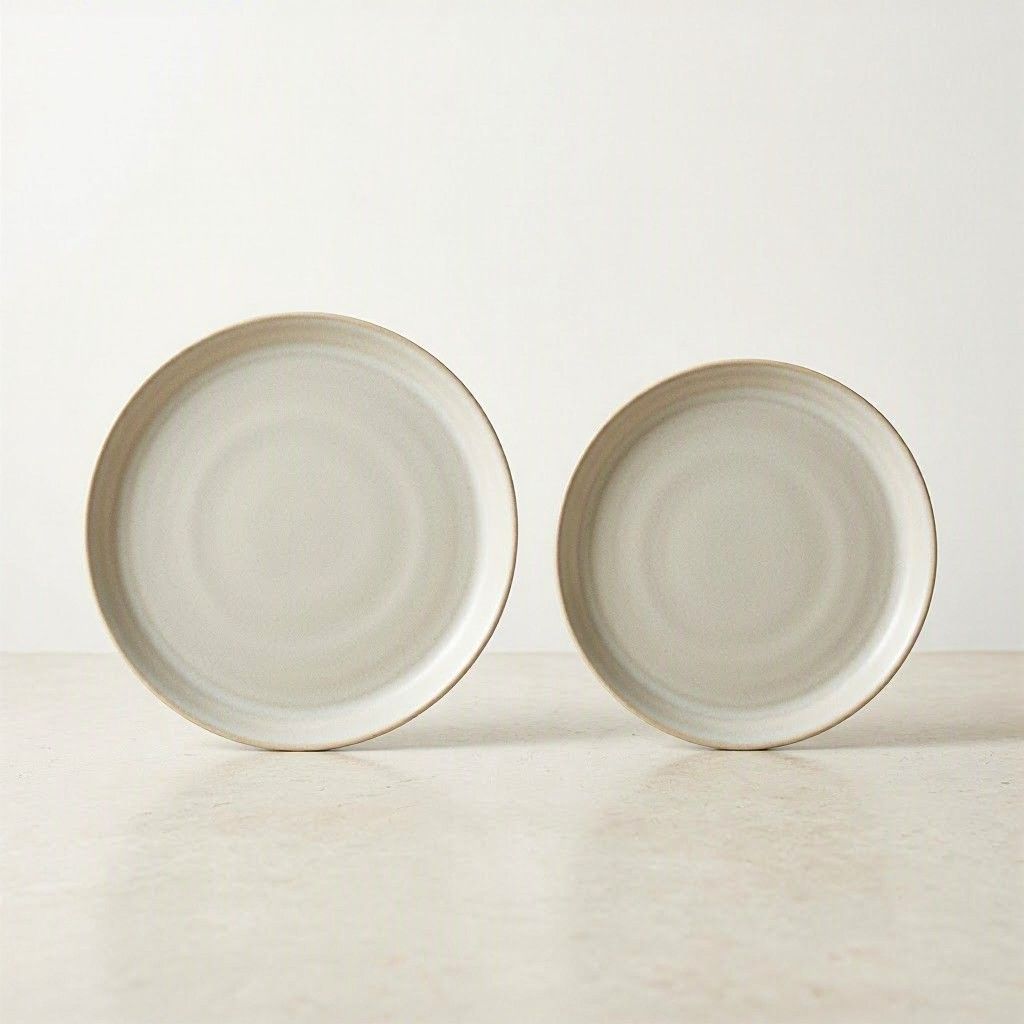 Two white ceramic plates, one large and one small, on a light surface against a plain background
