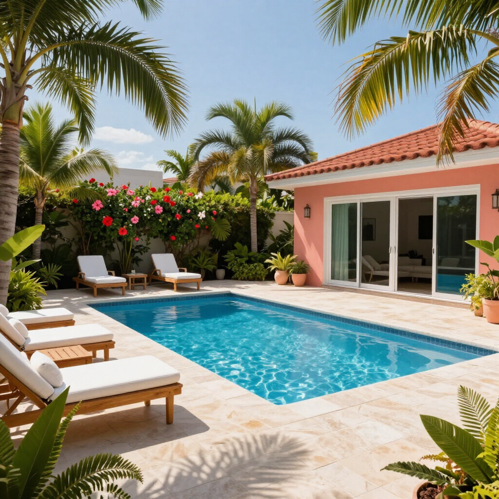 Tropical villa patio with a turquoise pool, white loungers, palm trees, and pink flowers
