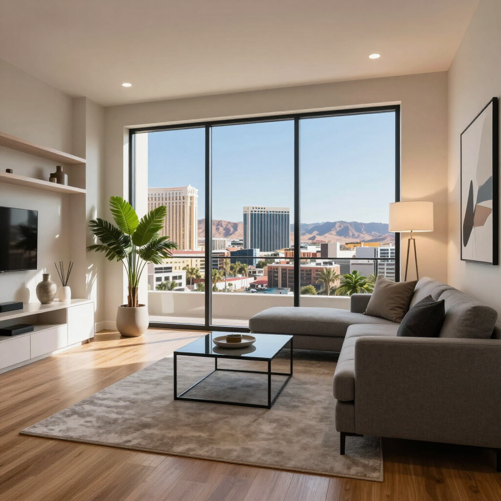 Modern living room with gray sofa, coffee table, and large sliding glass doors overlooking a city skyline