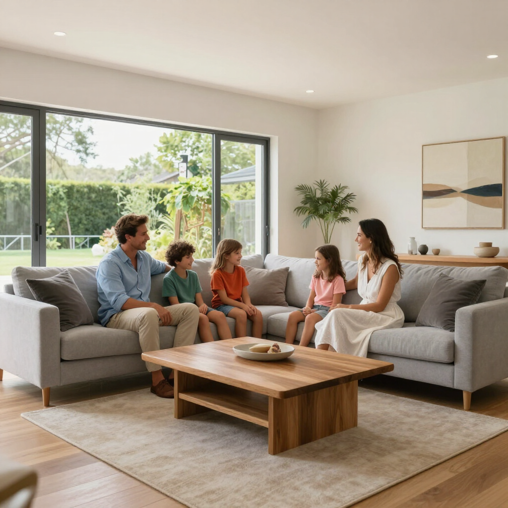 Family chatting on gray sofas in a bright living room with a wooden coffee table and large windows