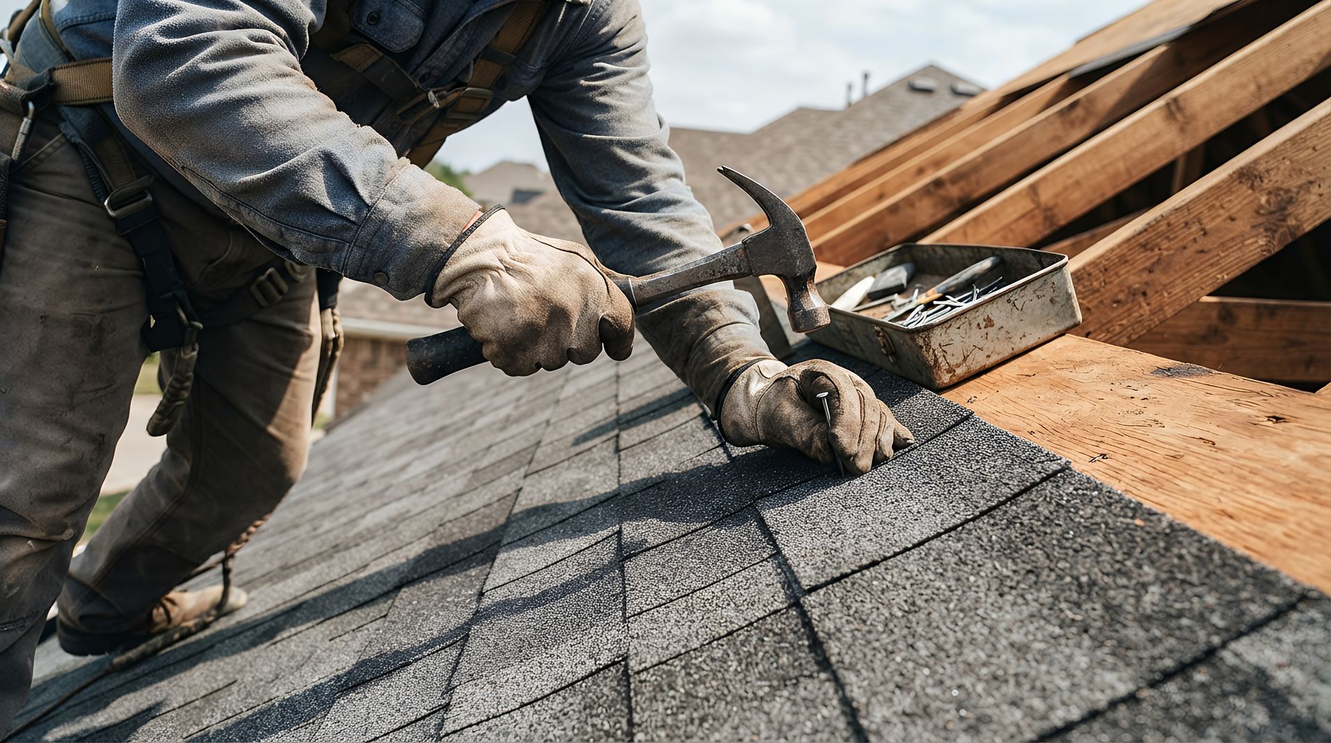 Asphalt roofing contractor hammering a nail into dark shingles on a roof frame Asphalt roofing contractor hammering a nail into dark shingles on a roof frame
