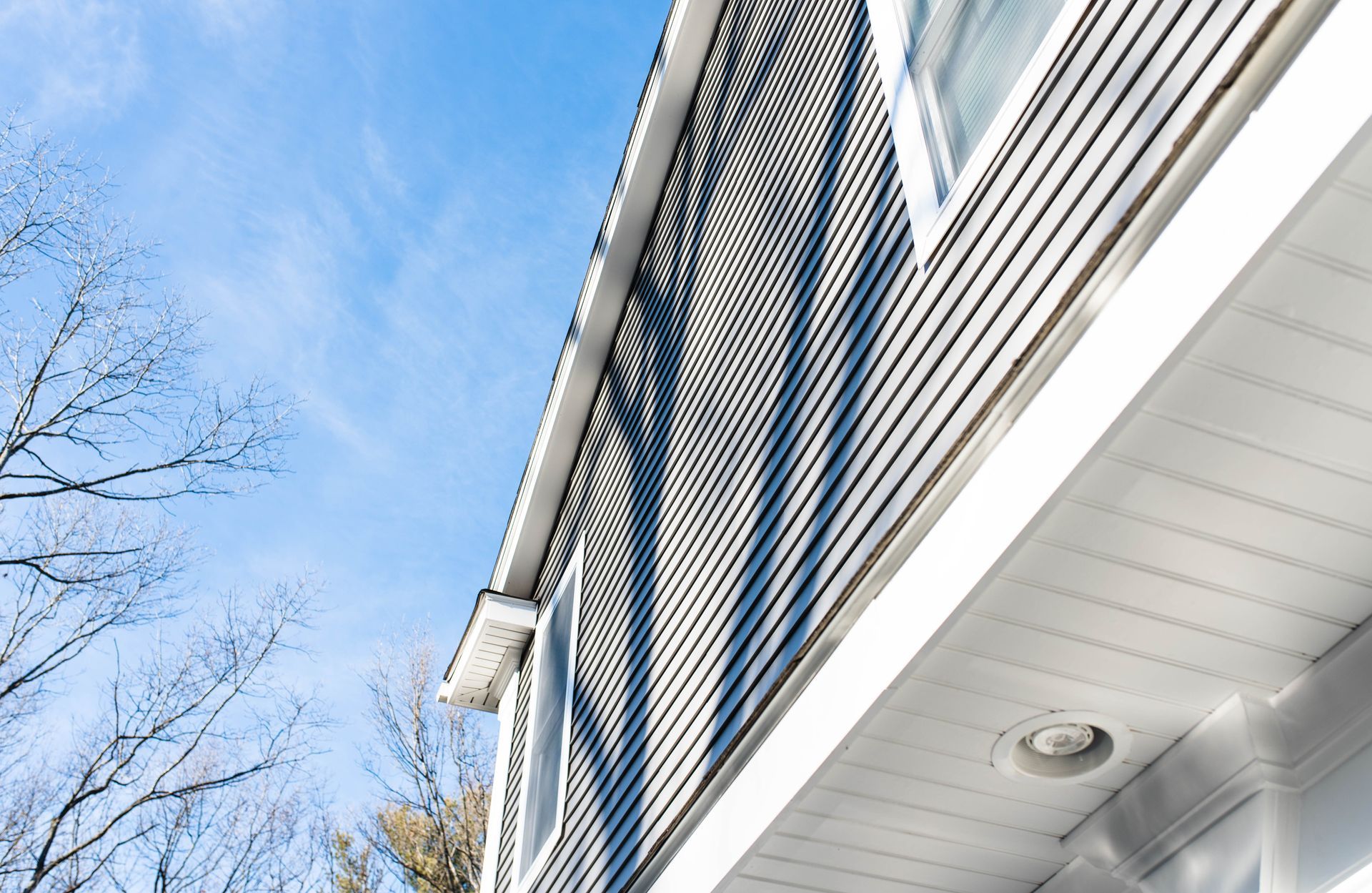 Blue-sided house exterior with white trim and porch ceiling under a clear sky
