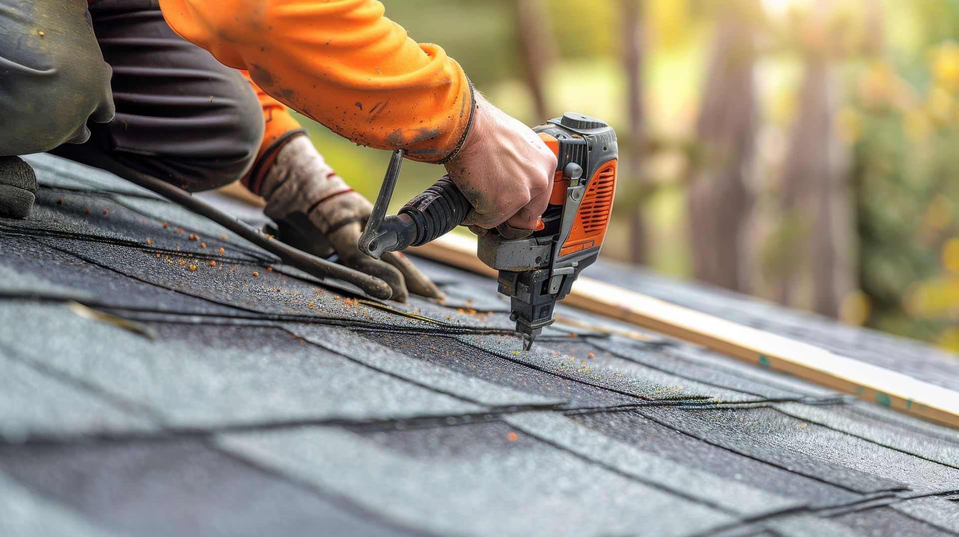 Local roofing contractor using a nail gun to install asphalt shingles on a roof