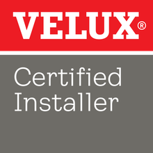 Velux Certified Installer logo: Red hexagon with text, checkmark, and Velux logo.