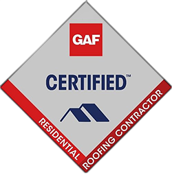 GAF Certified Residential Roofing Contractor logo: Red and gray diamond with