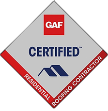 GAF Certified Residential Roofing Contractor logo: Red and gray diamond with