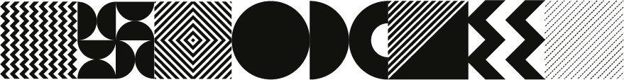 Black and white abstract shapes arranged in a row. Patterns include zigzags, circles, diamonds, and diagonal stripes.