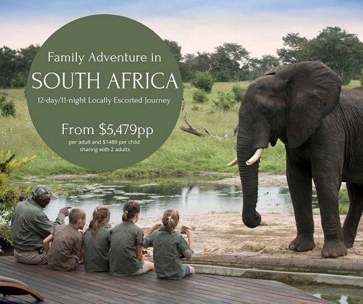 Family watches an elephant in South Africa. Green ad, price $5,479pp.