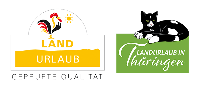 Landurlaub logos: yellow “GEPRÜFTE QUALITÄT” and green “Landurlaub in Thüringen” with black cat icon