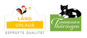 Landurlaub logos: yellow “GEPRÜFTE QUALITÄT” and green “Landurlaub in Thüringen” with black cat icon