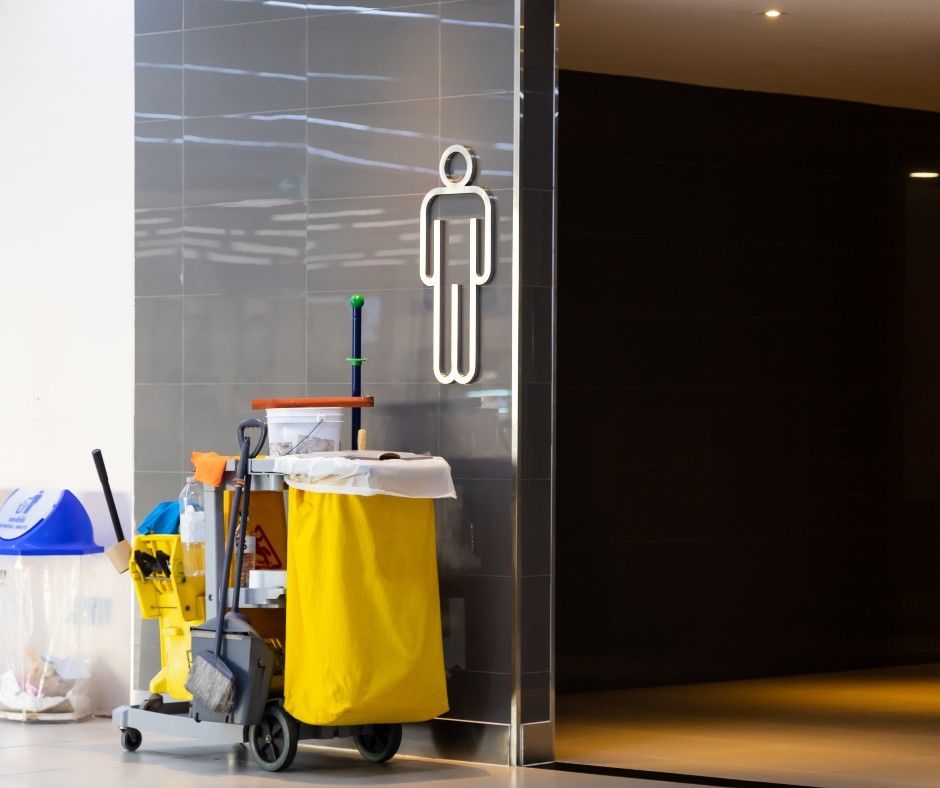 A cleaning cart is in front of a male restroom.