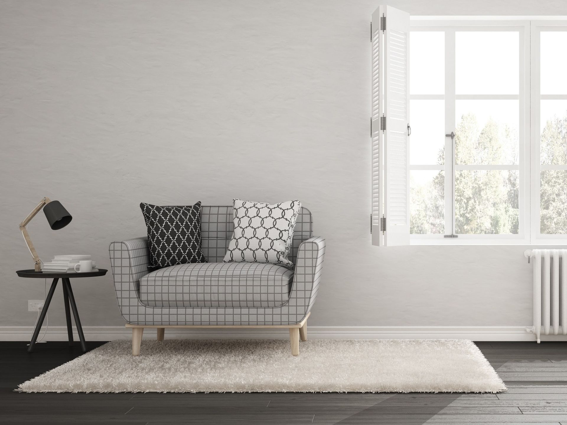 A living room with a chair , table , carpet and window.