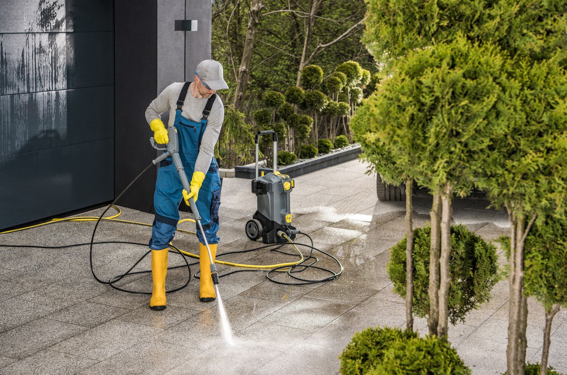 A man is using a high pressure washer to clean a driveway.