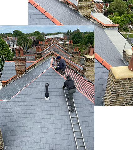 a man is standing on a ladder on top of a roof .