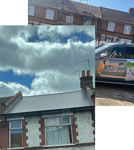 a car is parked in front of a house with a cloudy sky in the background .
