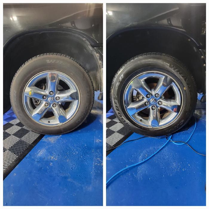 A before and after photo of a car 's wheels and tires.
