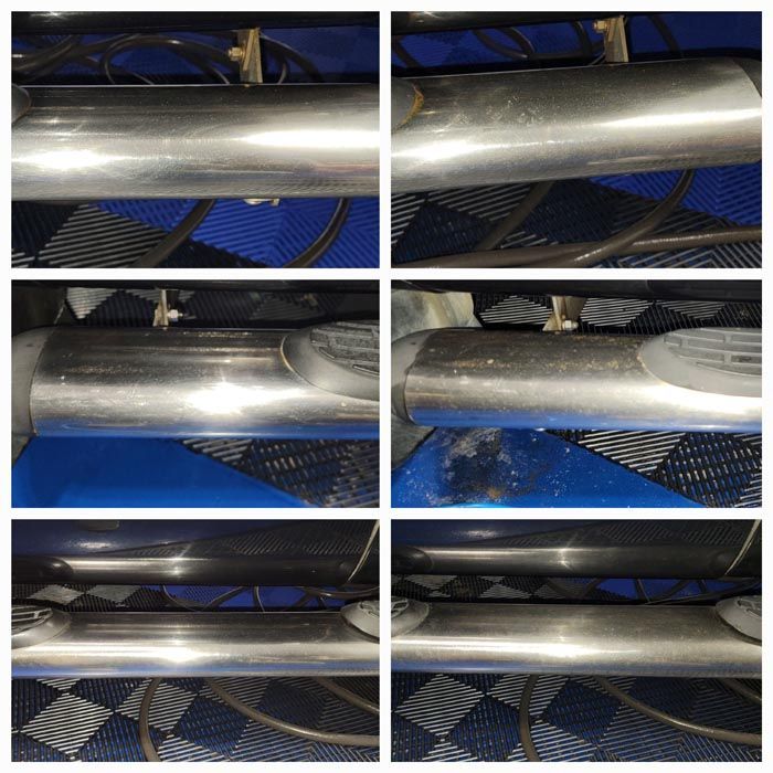 A collage of photos showing a stainless steel pipe before and after being cleaned.