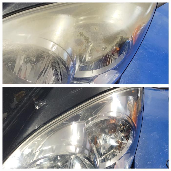 A before and after photo of a car headlight