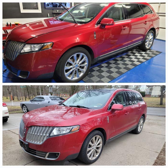 A before and after photo of a red lincoln mkx