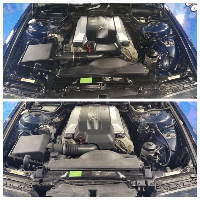Two pictures of a car engine before and after being cleaned