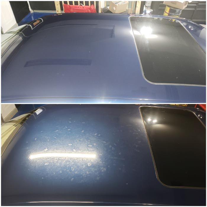 A before and after photo of a blue car 's roof