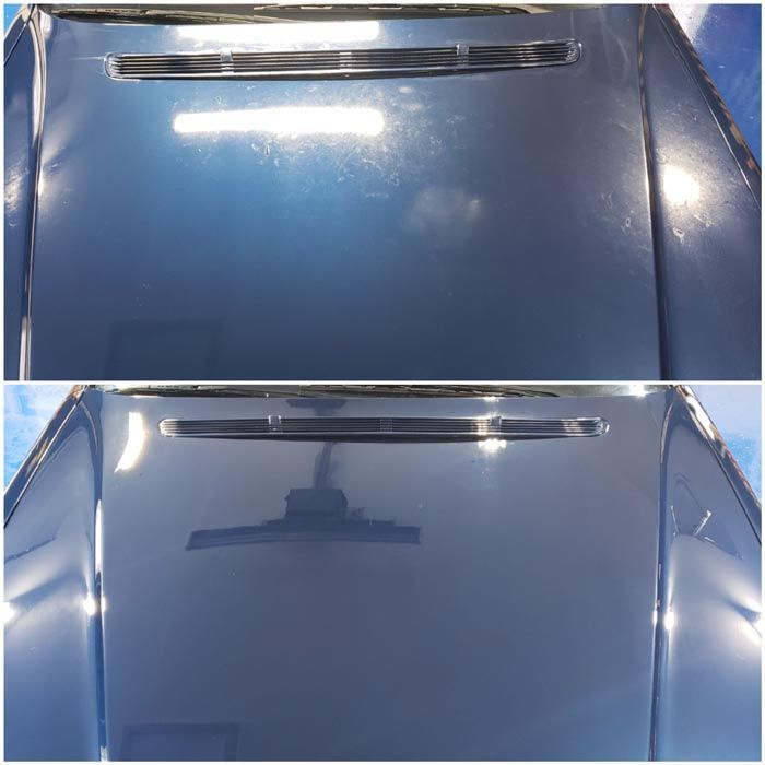 A before and after picture of a blue car hood.