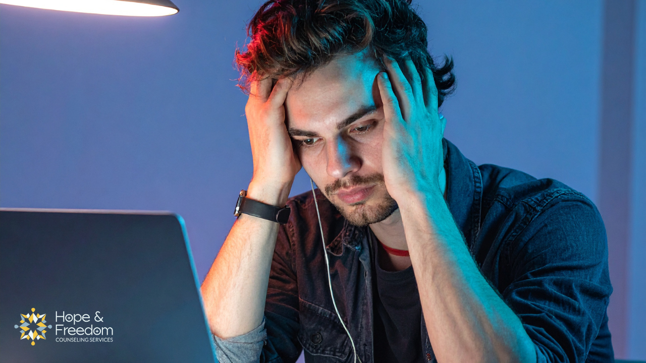 man staring at computer screen looking at porn