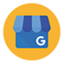 Logotipo de Google sobre un fondo circular amarillo con un pequeño toldo de tienda y un icono azul con la letra 