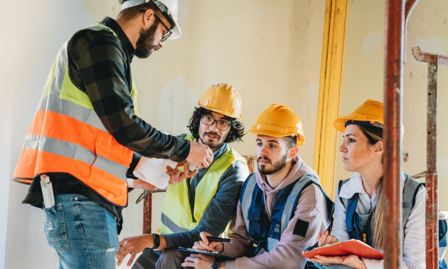 Construction workers in safety vests and hard hats reviewing blueprints.