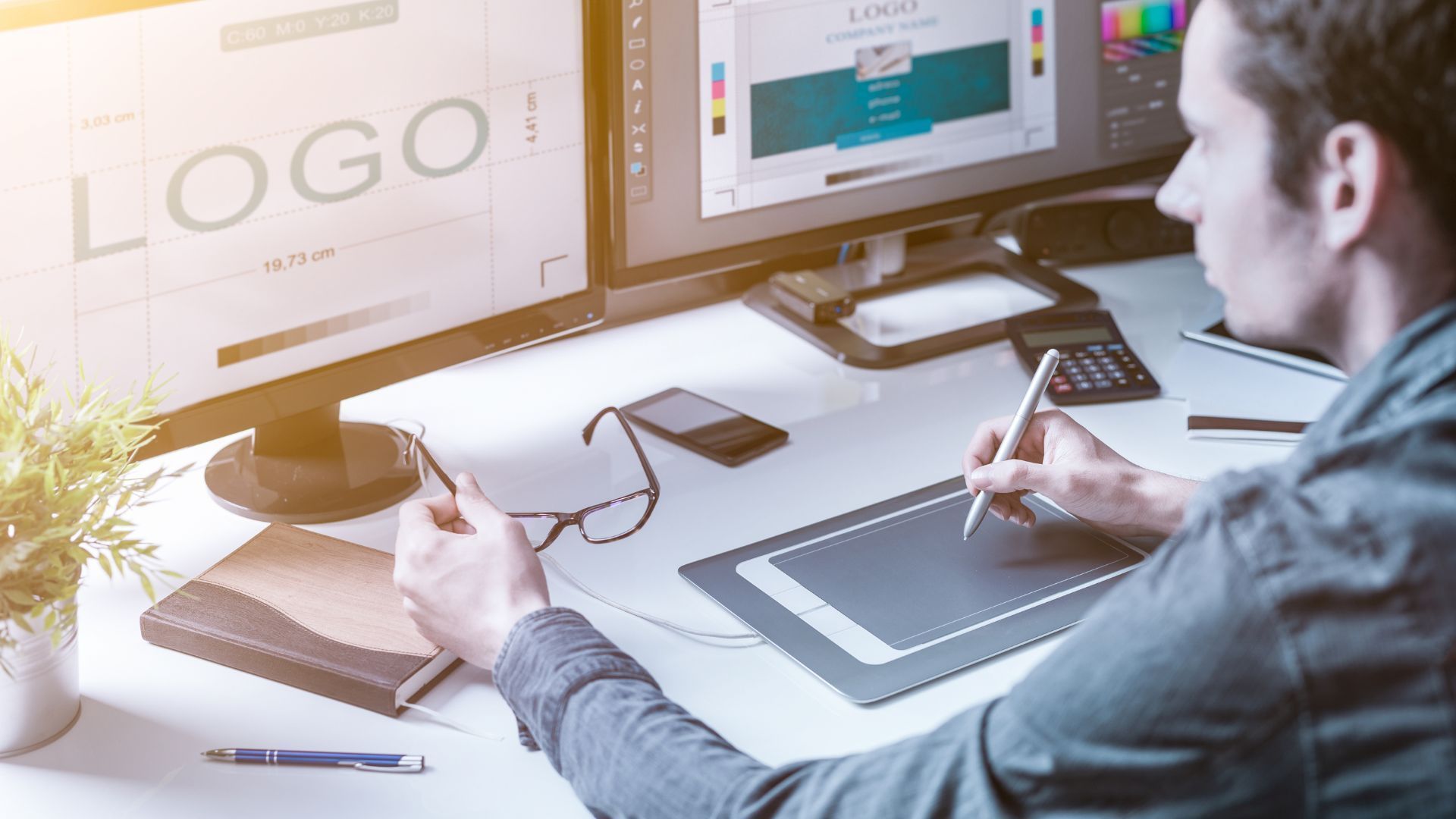 Graphic designer working on logo design at a desk with two monitors, using a stylus and tablet.