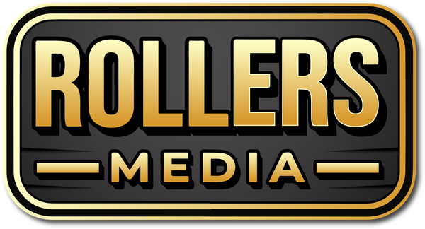 Gold and black logo for Rollers Media. Text: ROLLERS above MEDIA, all in a gold, thick font.