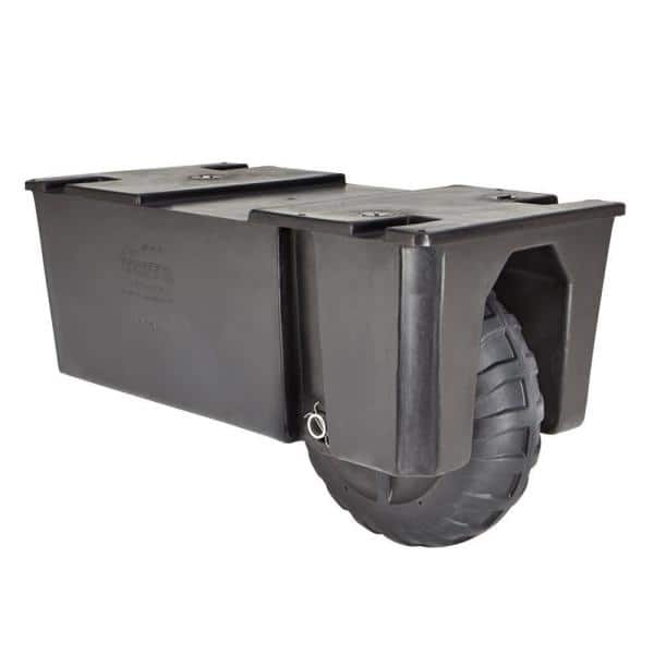 A black container with a large wheel attached to it