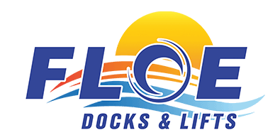 A logo for floe docks and lifts with a sun in the background