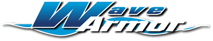 A blue and white logo for wave armor on a white background.
