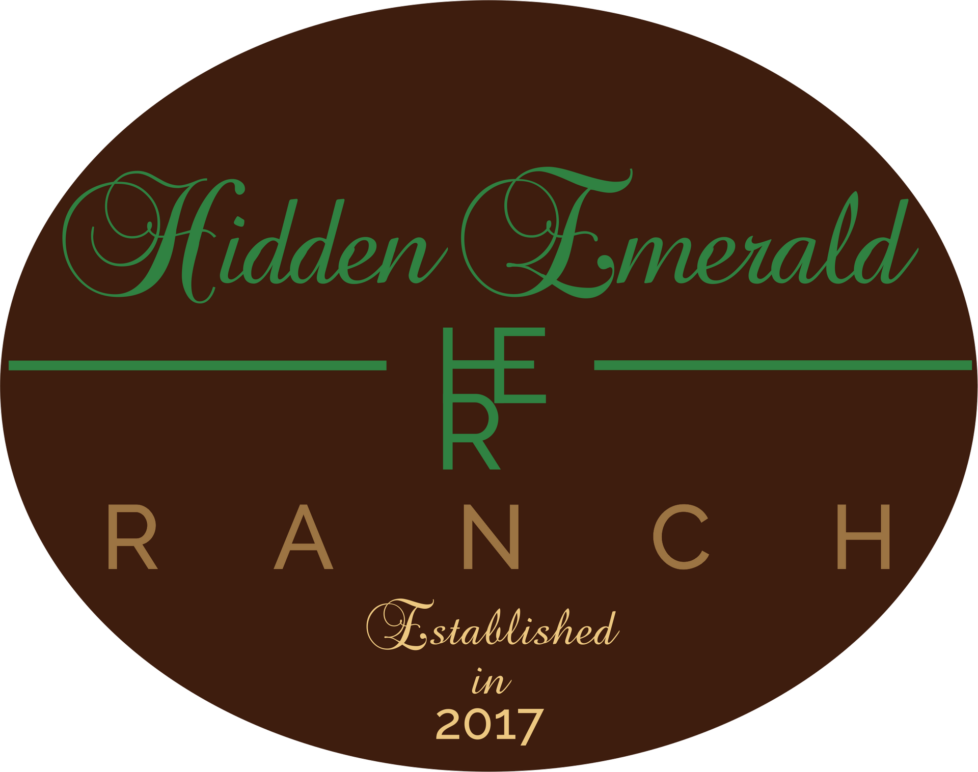 A brown oval logo for Hidden Emerald Ranch, featuring the text 