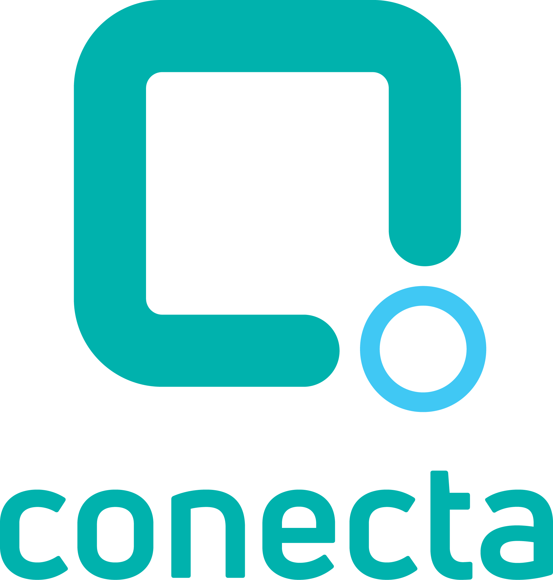 Um logotipo azul da Connecta com um quadrado no meio