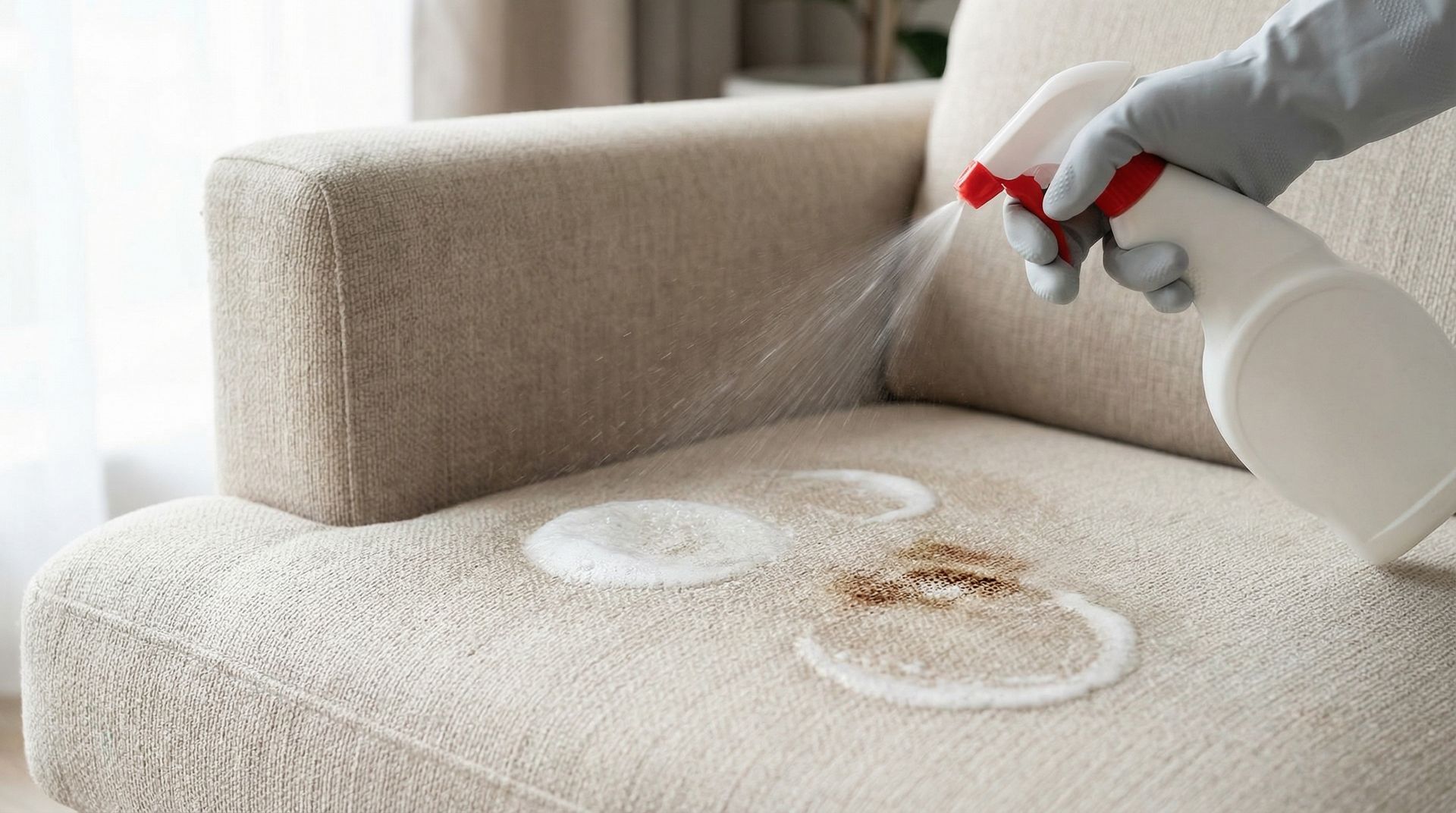 Closeup of a person cleaning a stain on a beige fabric sofa with spray