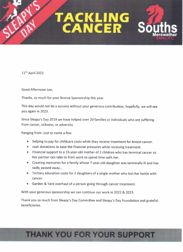 Letter from Souths to thank supporters of Sleapy's Day, an event to tackle cancer.