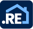 Blue square logo with a white house outline and the text “.RE” inside
