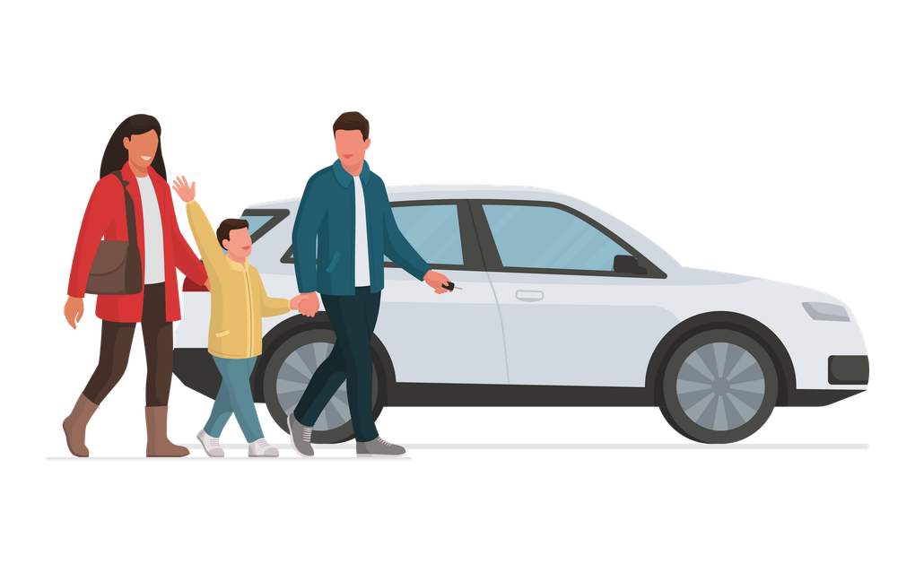 A family is walking towards a white car.