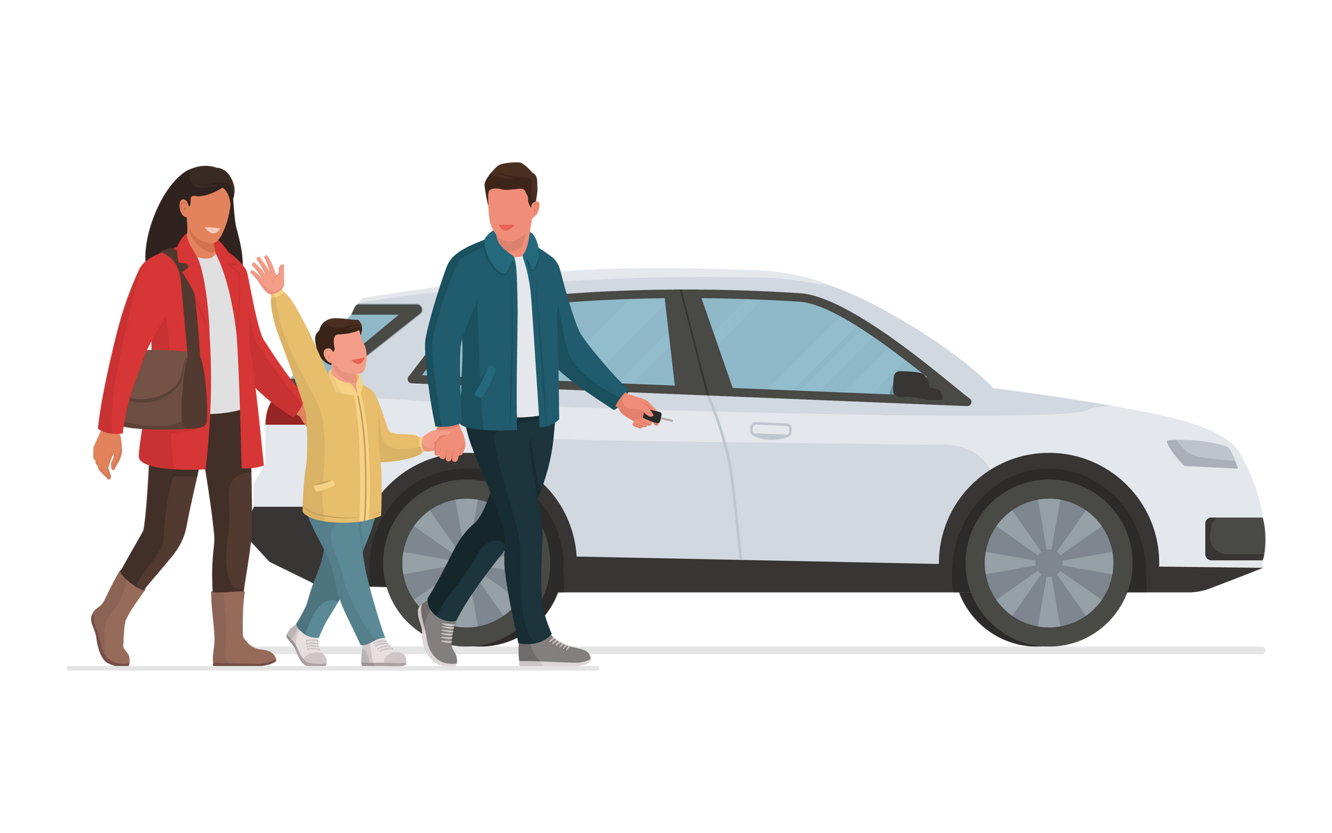 A family is walking towards a white car.