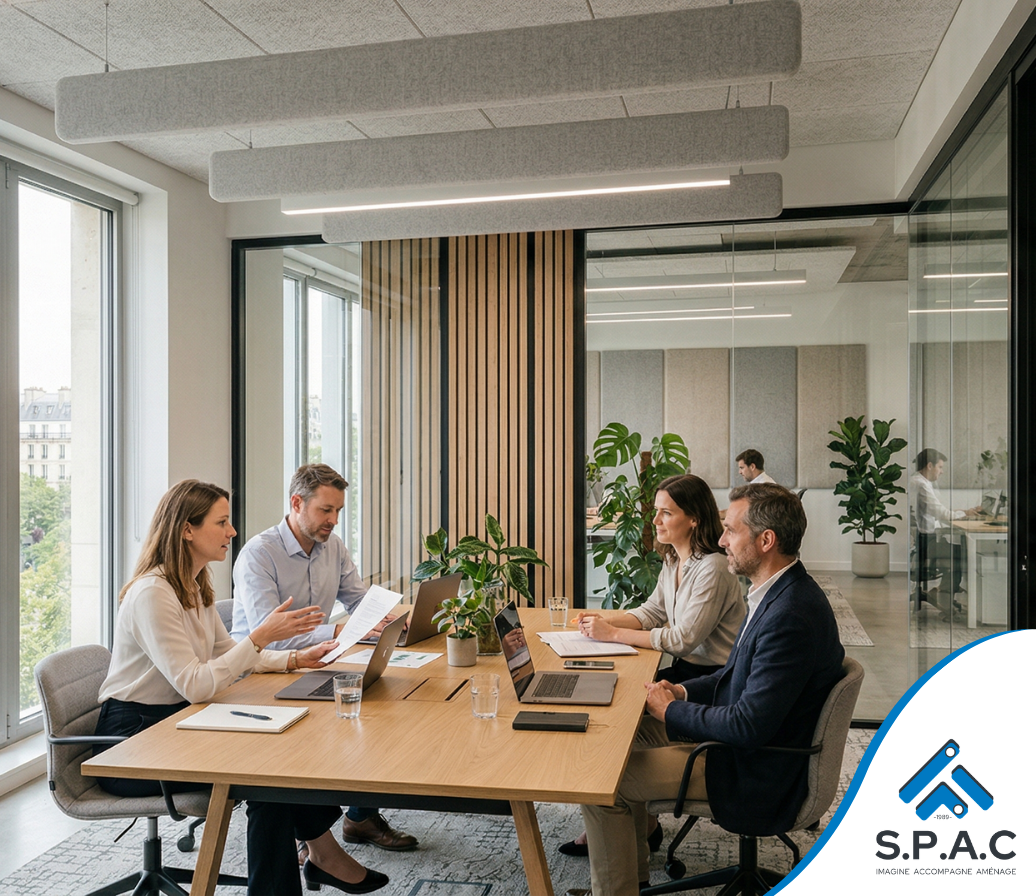 Quatre professionnels collaborent autour d'une table en bois dans un bureau moderne et lumineux, doté de parois vitrées et d'un éclairage suspendu.