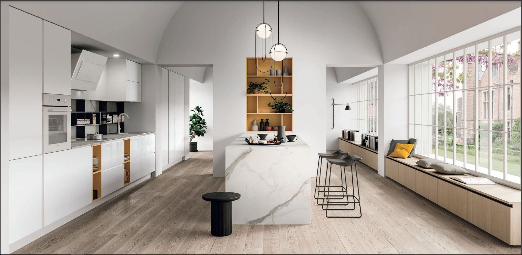 Een keuken met witte kasten en een groot kookeiland in het midden van de kamer.