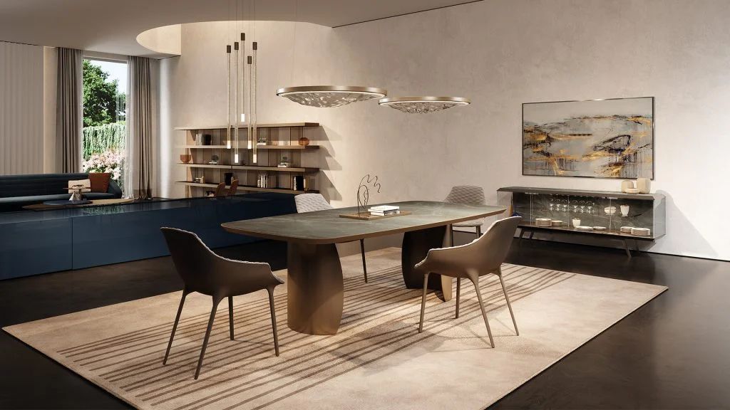 Een eetkamer met een tafel, stoelen en een kleed.