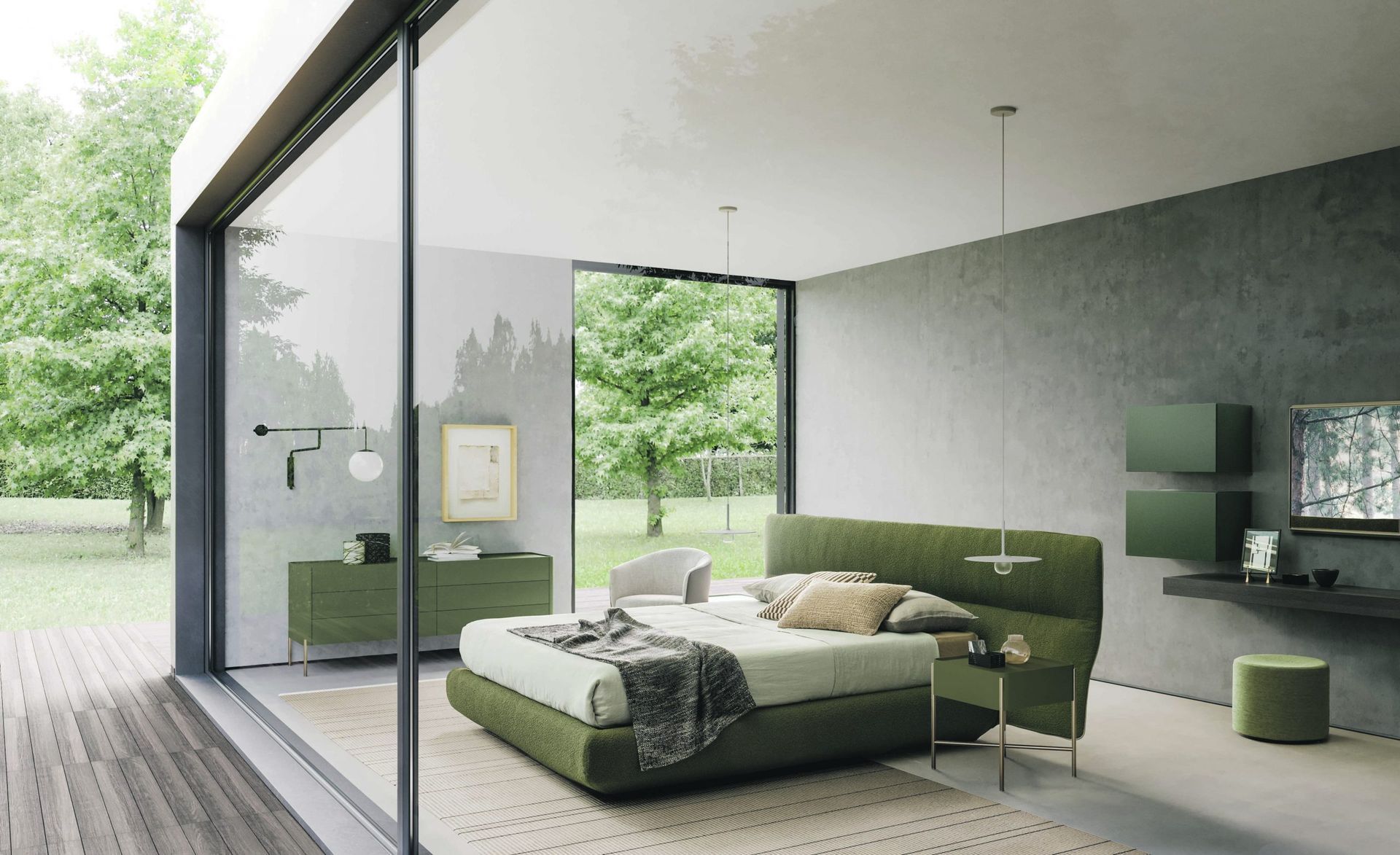Een slaapkamer met een groot bed en een groot raam